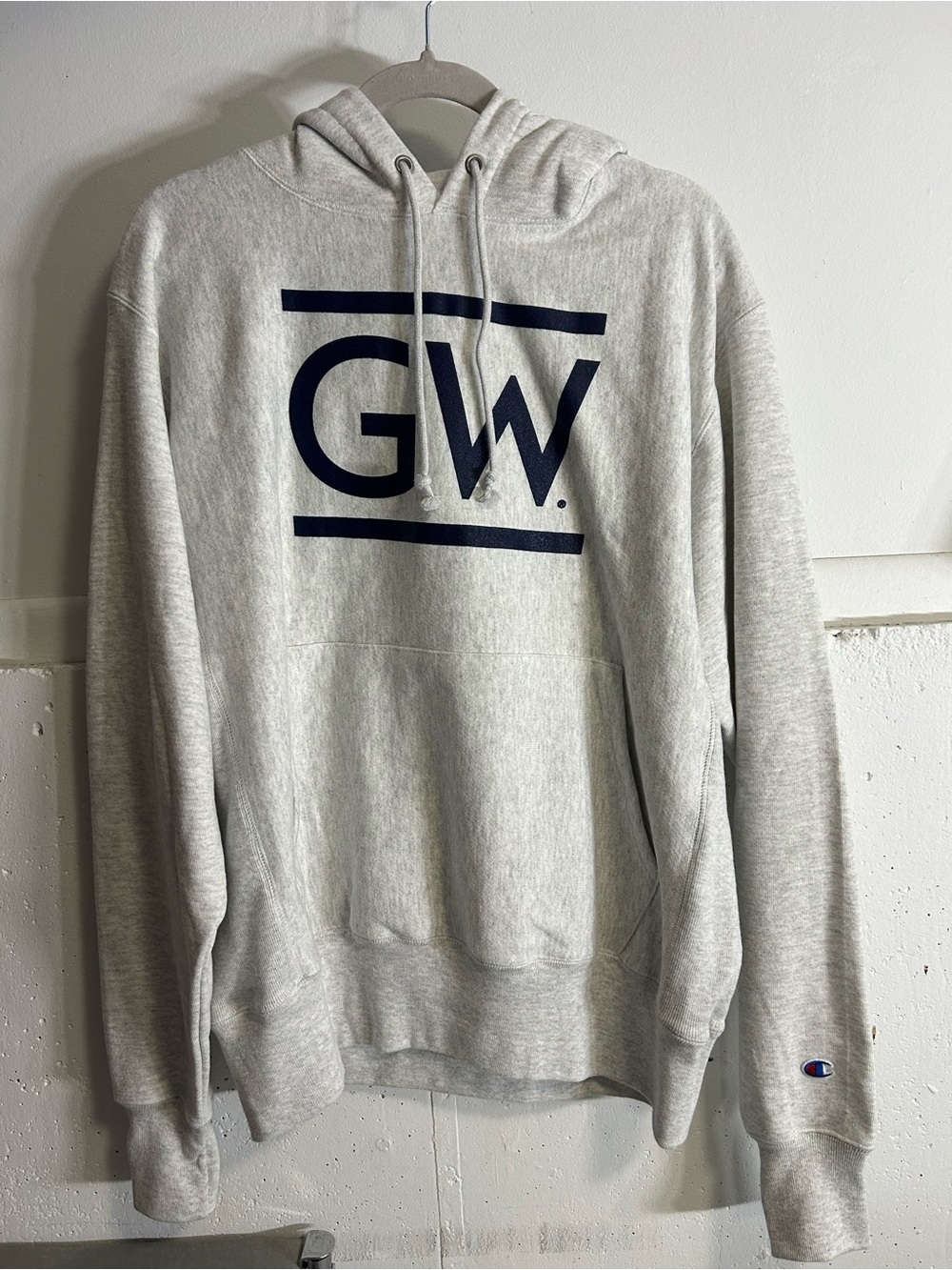 Champion Light Gray Hoodie with Navy GW Logo